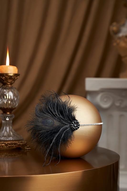 BABEYOND 1920-as Évek Fekete Tollpántos Hajpánt Női Charleston Flapper Stílus Great Gatsby Jelmez Kiegészítő Strasszkővel