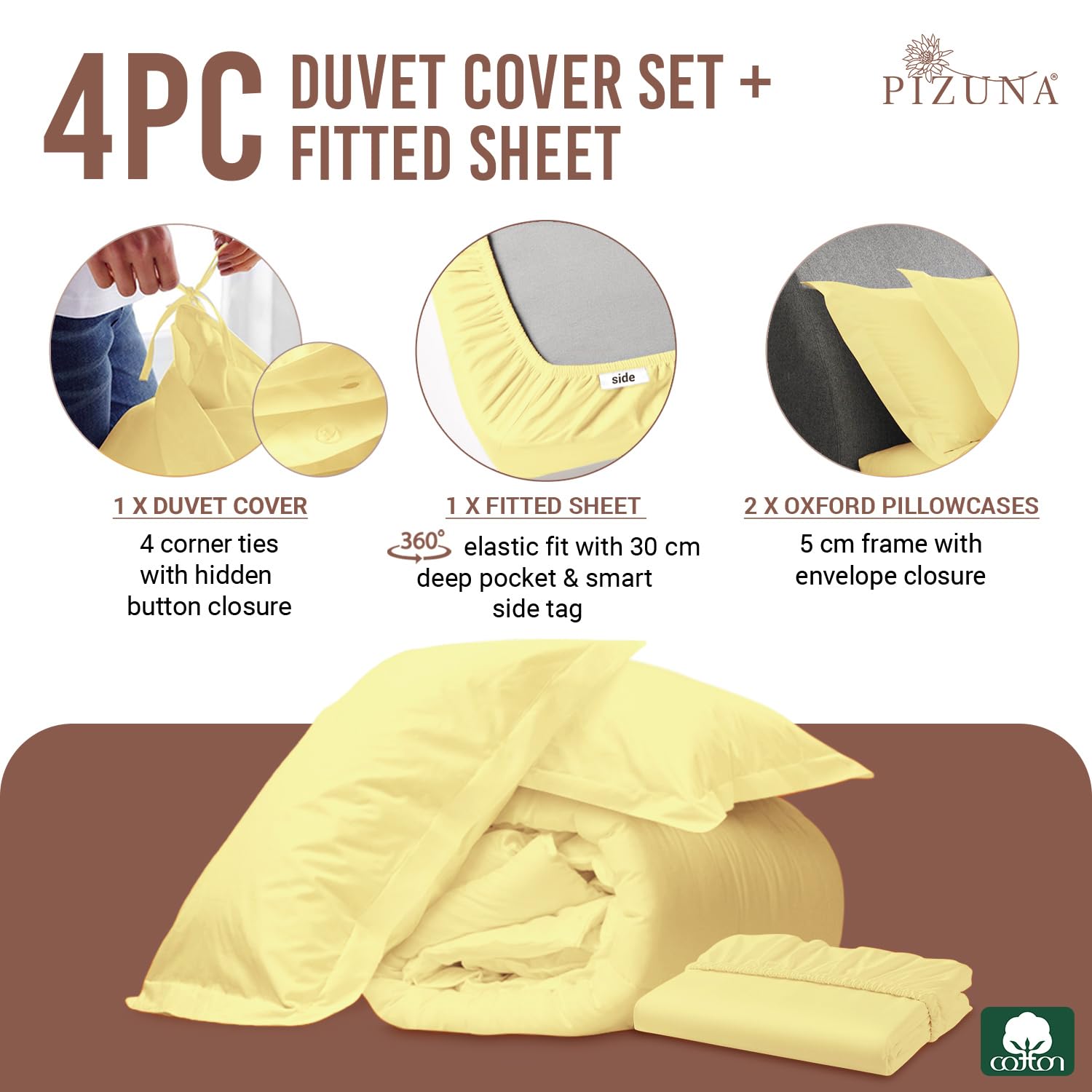 Pizuna Pure 100% Cotton King Size Duvet Cover Sets with King Size Fitted Sheets Mellow Yellow - Image 3