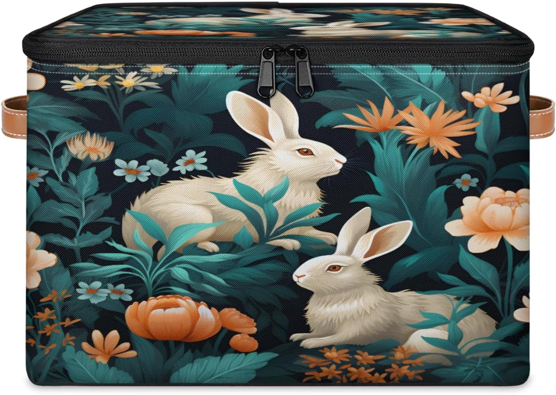 Storage Bin Set of 2 Bunny Flower Leaf Storage Basket with Zipper Lid & Handle Foldable Closet Shelf 2 Pack Cloth Organizer Basket Cube Bins Clothes Organizer for Bedroom, Nursery