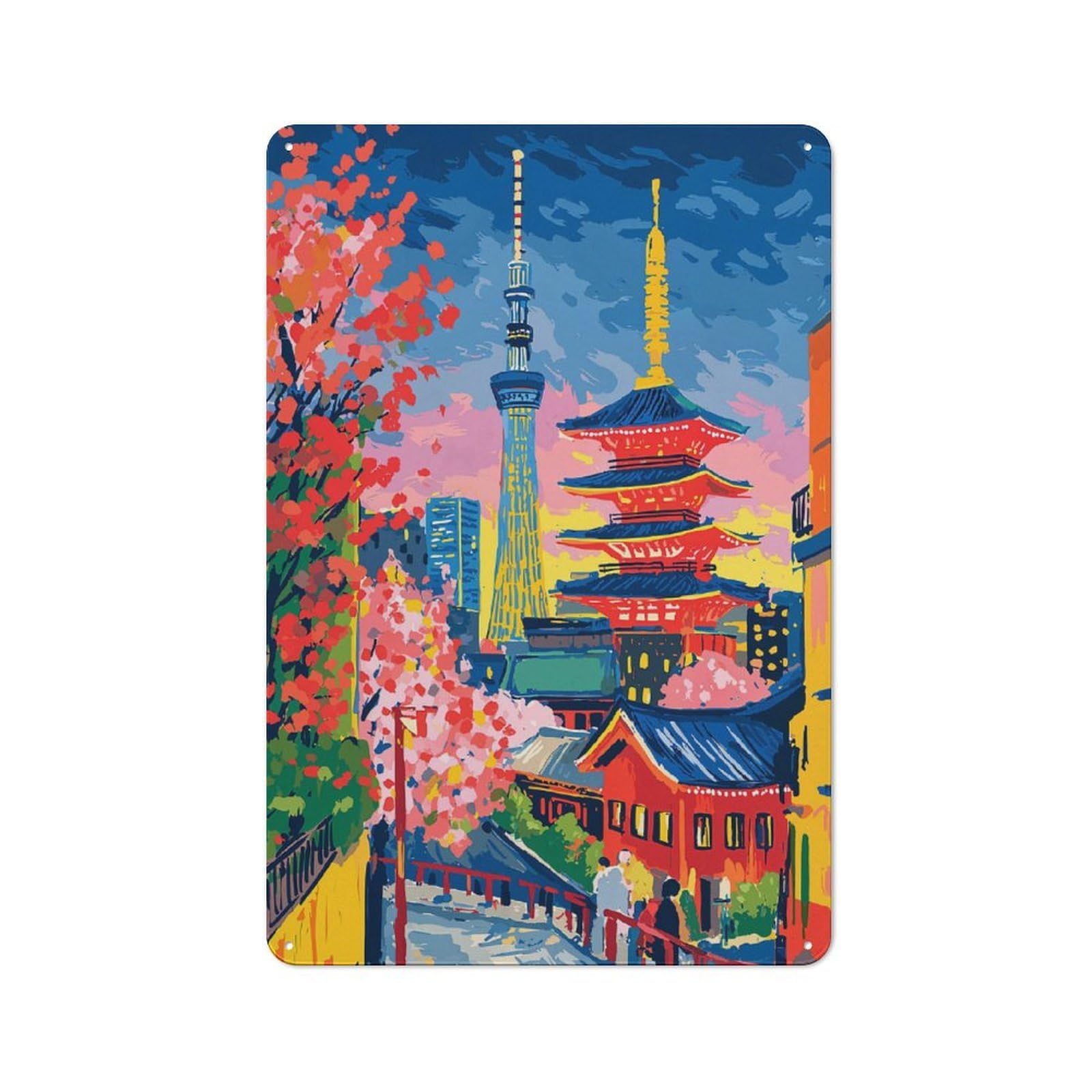 Junmoney Tokyo Cityscape With Tower And Pagoda Retro Tin Wall Plaque 30X20cm For Garage Or Workshop, A Metal Wall Feature For Garages And Tool Rooms