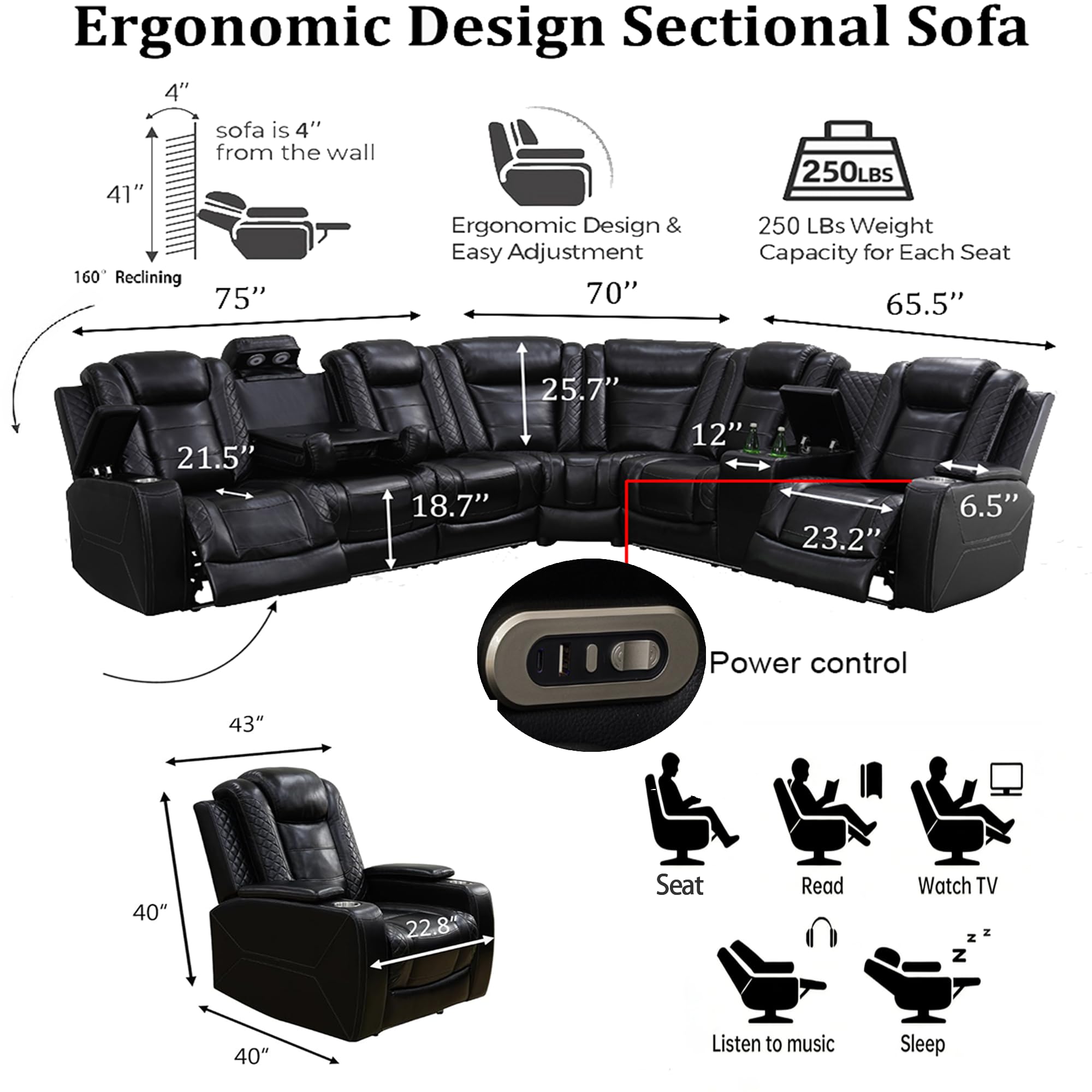 Leather Power Reclining Sectional Sofa Set,Sectional Couch with 3 Recliners view 2