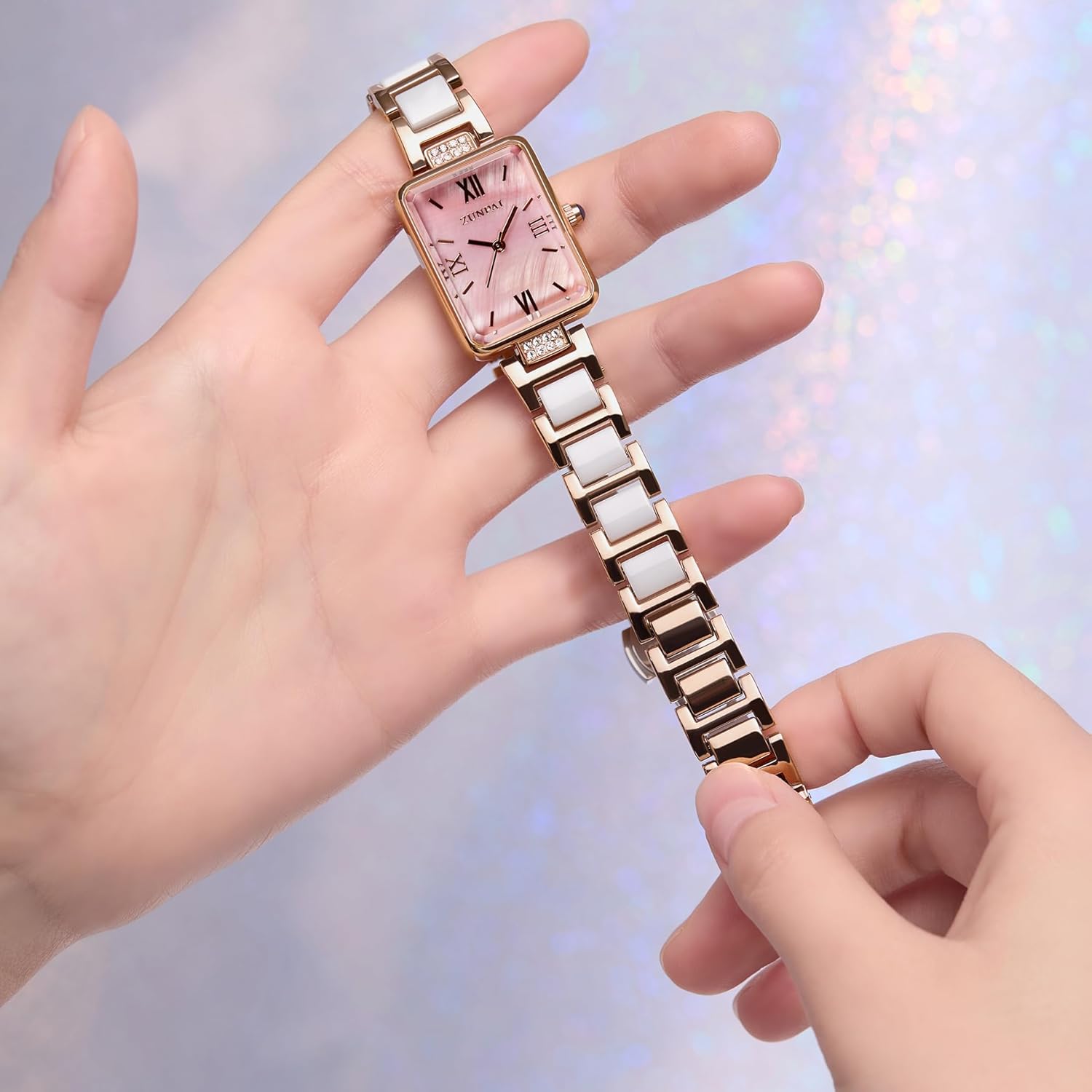 senstone Women's Watch Rectangle Shell Dial Marble Stainless Steel Strap Ladies Fashion Wristwatch for Women Quartz Analog Watches - Image 6