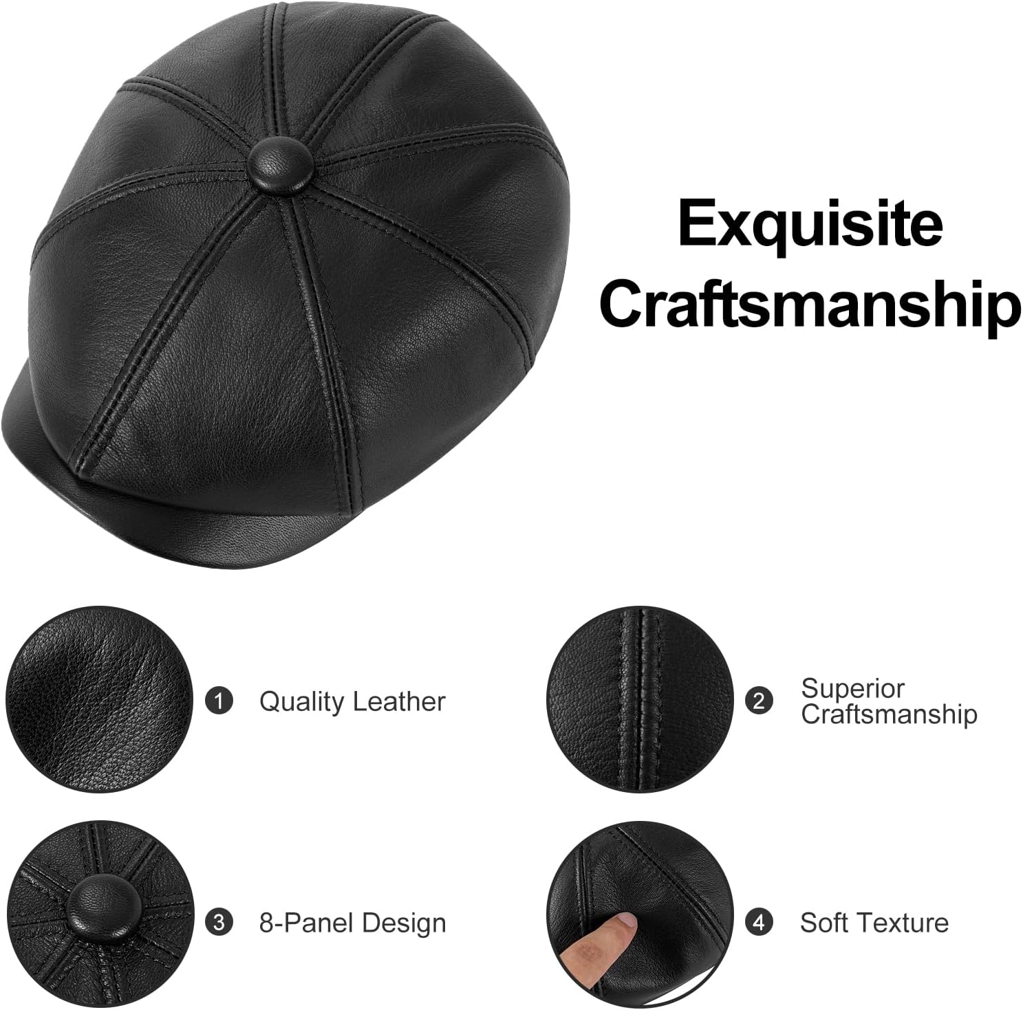 VOBOOM Men Women Genuine Newsboy Leather Cap 8 Panel Gatsby Ivy Hat - Image 4