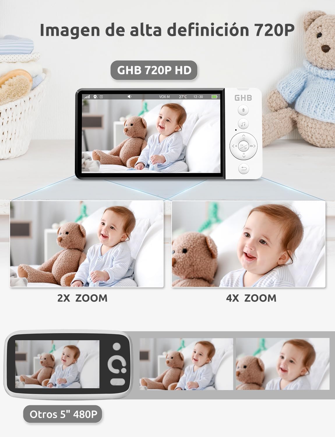 GHB Camara Vigilancia Bebe con 5" HD Vigilabebes con Camara Duración de Batería 168 Horas Pantalla Dividida, 4×Zoom, Comunicación Bidirecciona Escucha Bebe