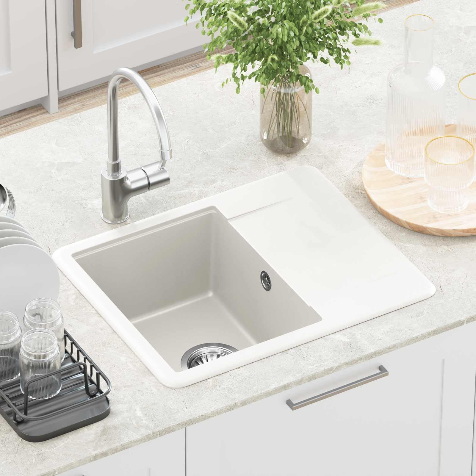 Fregadero de cocina de granito, 560 x 460 mm, color blanco | 80% cuarzo y 20% resina, rectangular, resistente a los arañazos, resistente al calor, fácil montaje