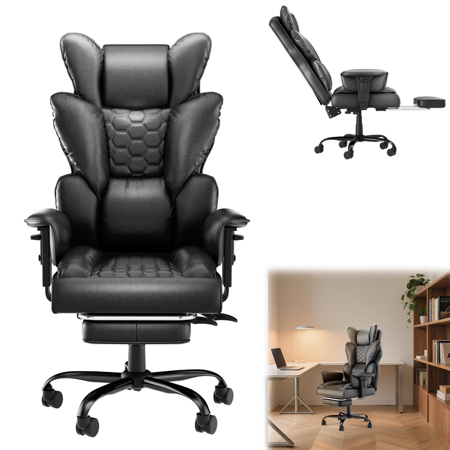 Froadp Chefsessel Ergonomisch PU-Leder mit Fußstütze Liegefunktion Schwarz | Extra Dickem Sitzkissen, Verstellbaren Armlehnen & Rückenlehne, Höhenverstellbar 126-136cm, Für Langes Sitzen