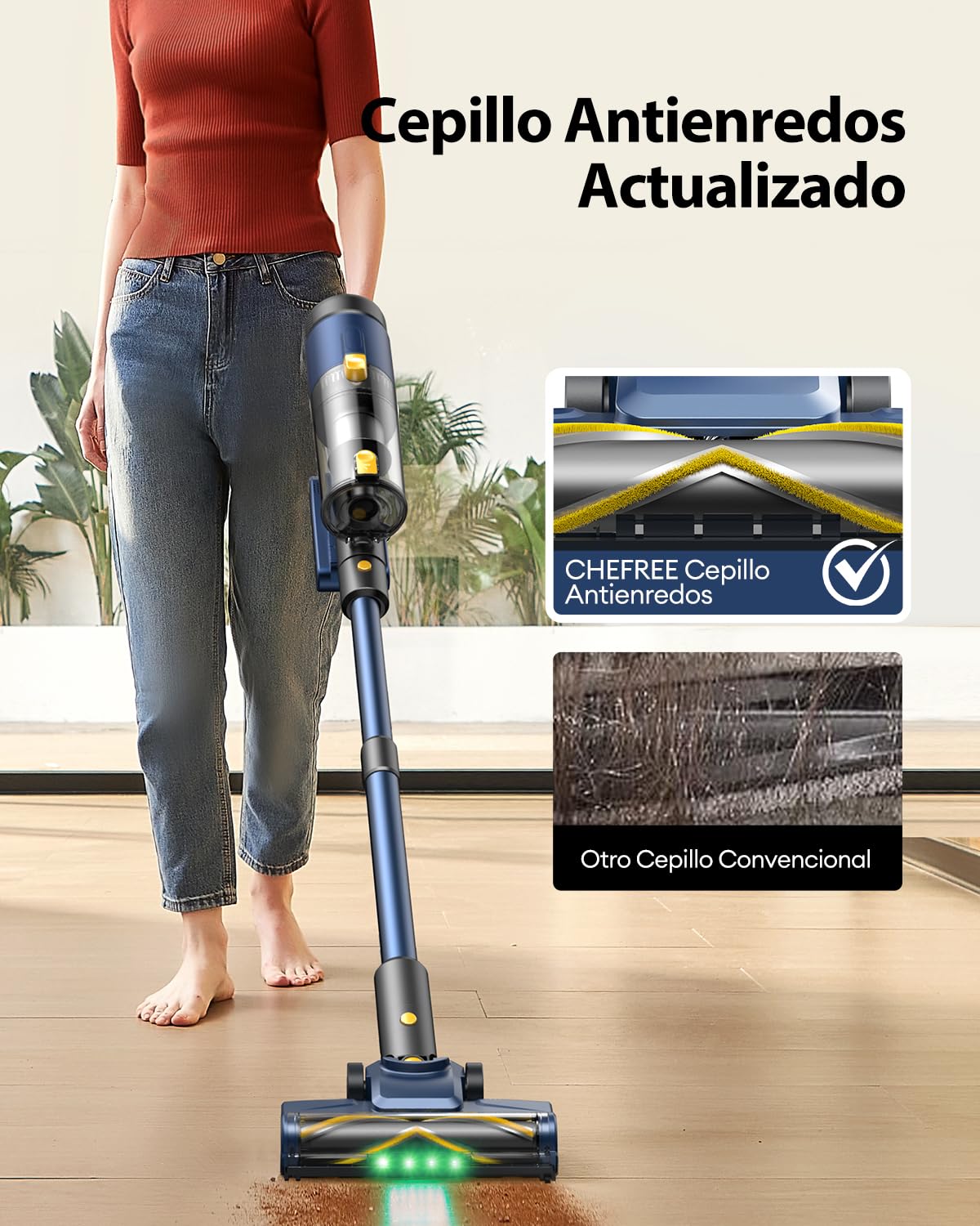 CHEFREE Aspirador sin Cable Anti-Enredo 48Kpa, 50min, Luz Verde Delantera, 2.2KG ErgoLite™ para Articulaciones, Filtro H11 para Alergias, Ideal para Suelo Duro, Alfombras y Mascotas (Azul)