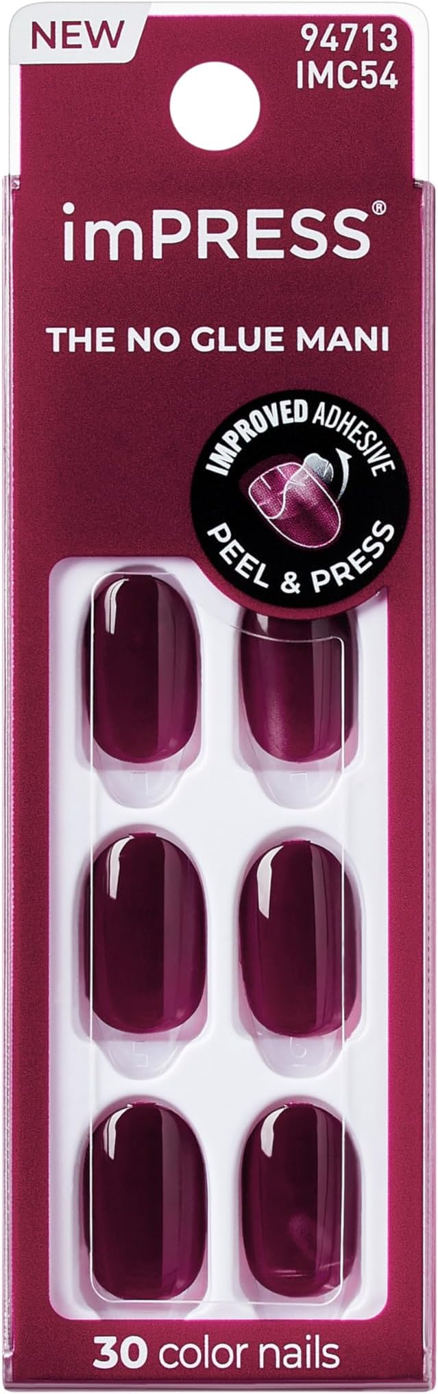 Impress Color Press On Nails, ‘Over You', Solid Burgundy, Short Oval, PureFit Technology, Patented Super Hold Adhesive, Chip Proof, Smudge Proof, Mini Nail File, Manicure Stick & 30 Fake Nails