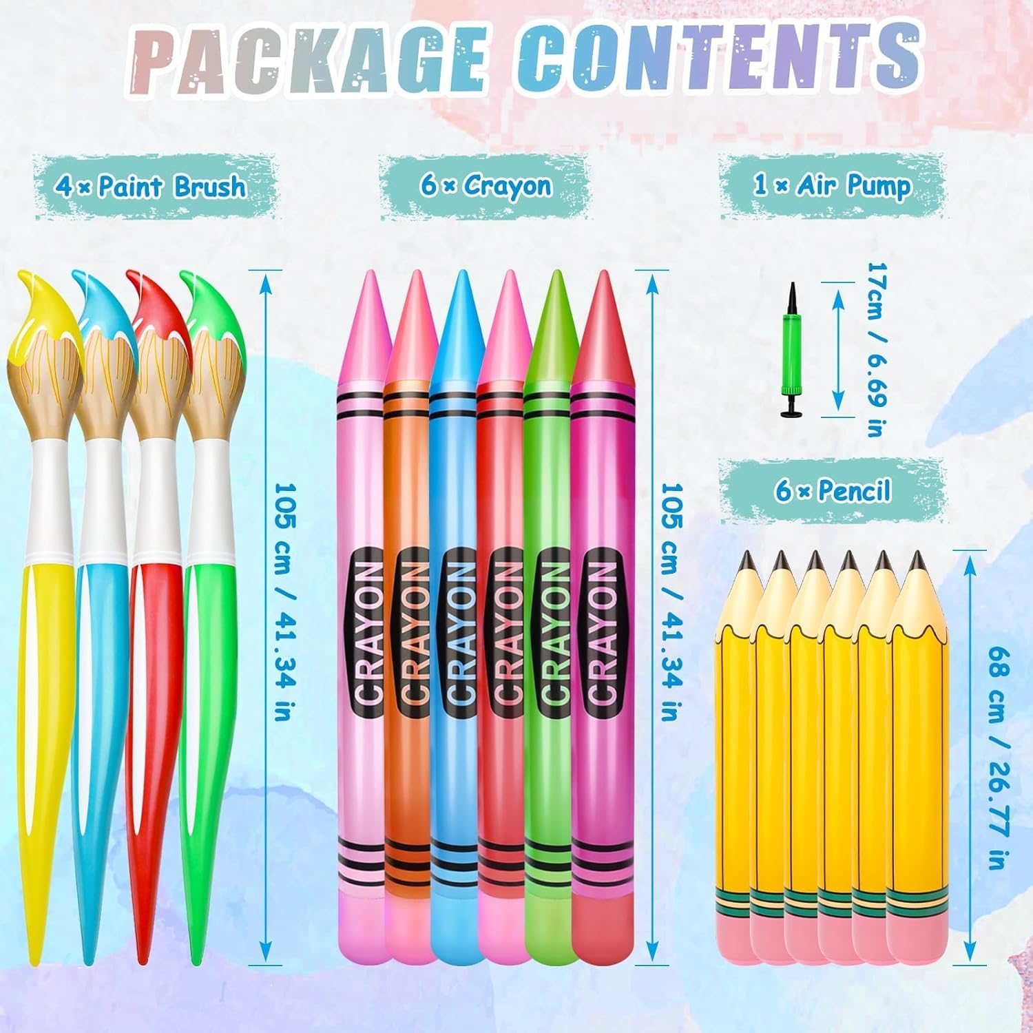 SAYAYA 16 Pcs Large Inflatable Pencil Balloons Set Jumbo Inflatable Crayons Giant Paint Brush Balloons and Air Pump Back to School Hanging Decor for Classroom Garden Room Birthday Party Decorations