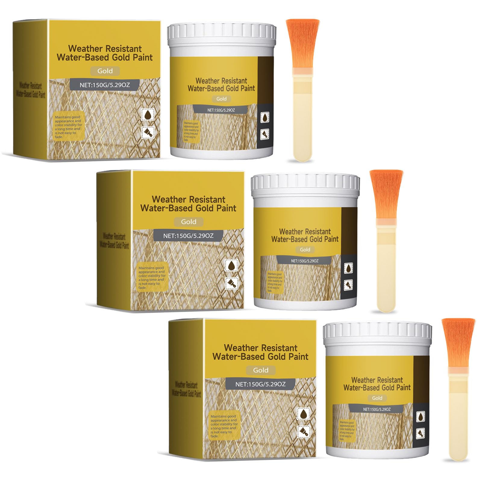 Pintura dorada a base de agua resistente a la intemperie150 g, pintura de hoja de oro brillante a base de agua, pinturas metálicas acrílicas antiguas impermeables, pinturas artesanales (3Pcs)