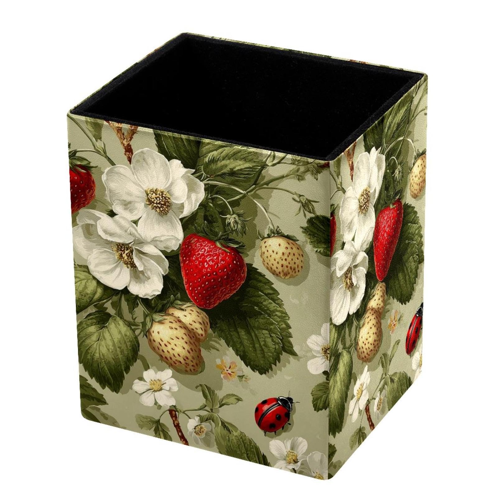 VAPOKF Pencil Holders for Desk, Strawberries and Daisies Printed Pen Holders Pen Pot Makeup Brushes Storage Desktop Stationery Supplies Organiser for Home Office