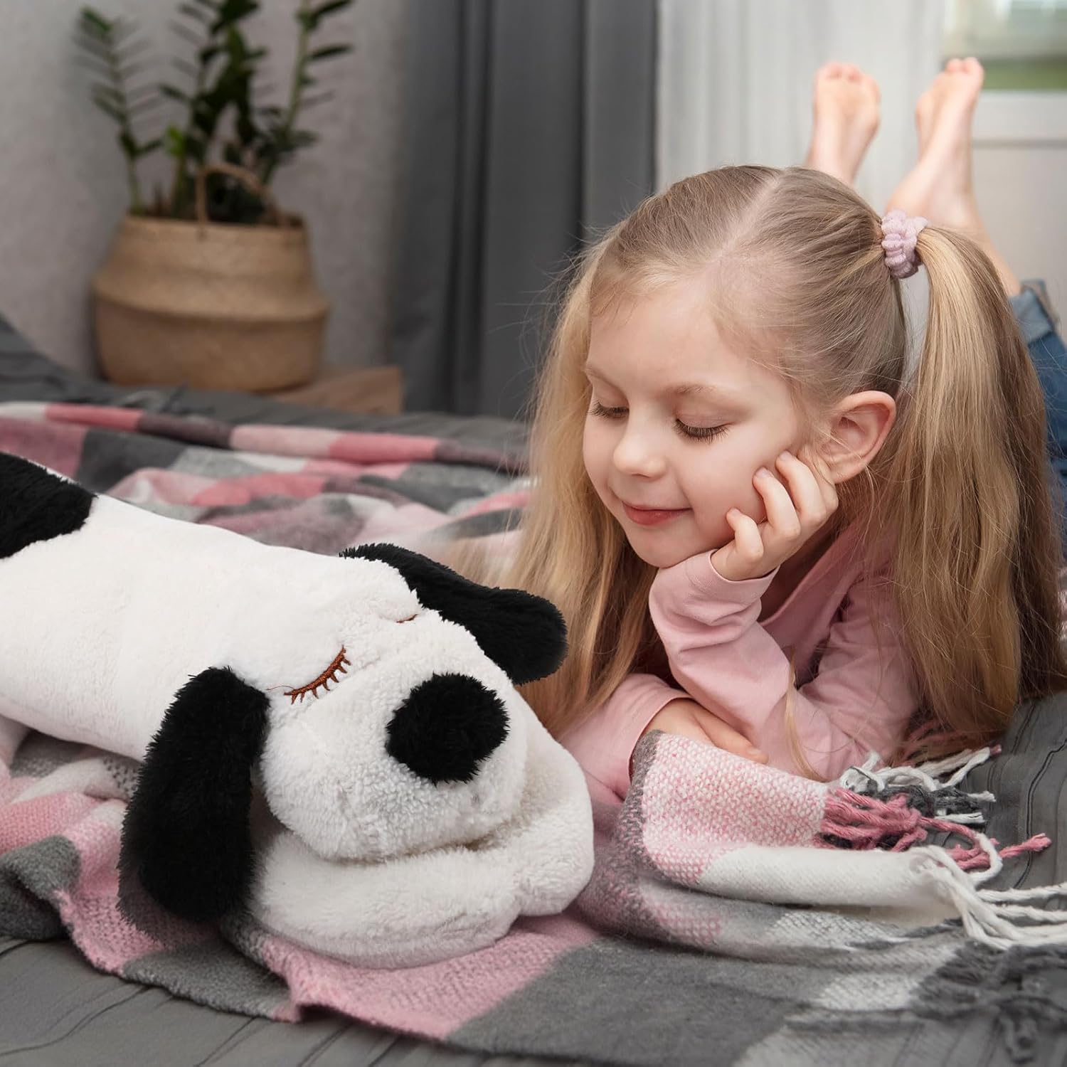 Queekay Dog Body Pillow Stuffed Animals Plush Long Body Pillow for Dogs Large Sleeping Hugging Puppy Cushion Gift for Birthday Party(23.6 Inch,Black and Beige) - Image 5