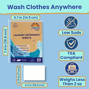 Travel Laundry Detergent Sheets with Travel Laundry Bag and Portable Clothesline Laundry Detergent Sheets 60 count, Foldable Laundry Bag & Heavy Duty Clothesline for Hotels, Cruises & Trips
