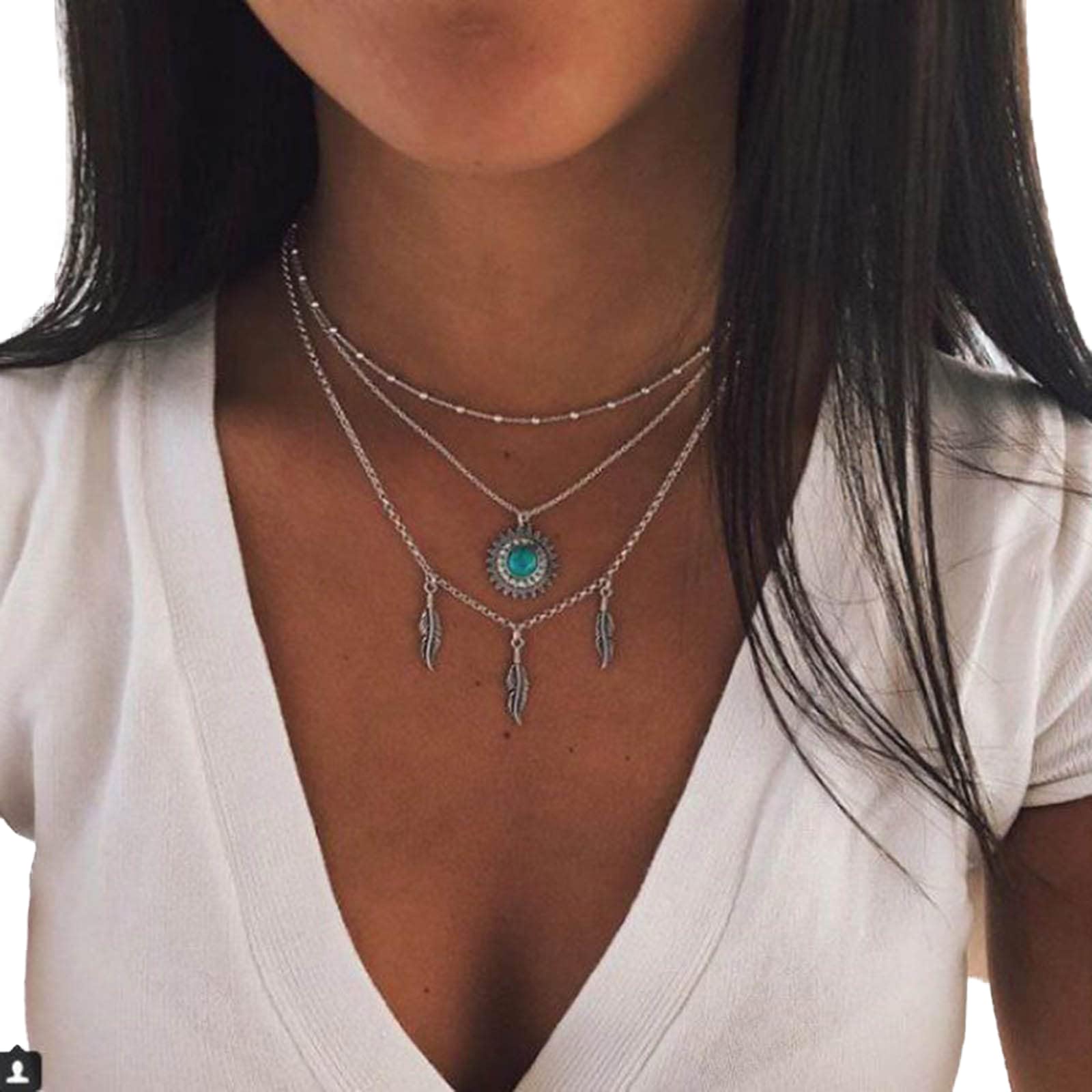 Boho Multilayer Turquoise Necklace Silver Vintage Ethnic Sunflower Necklace Tassel Leaves Layered Statement Sun Feather Pendant Necklace Jewelry for Women and Girls