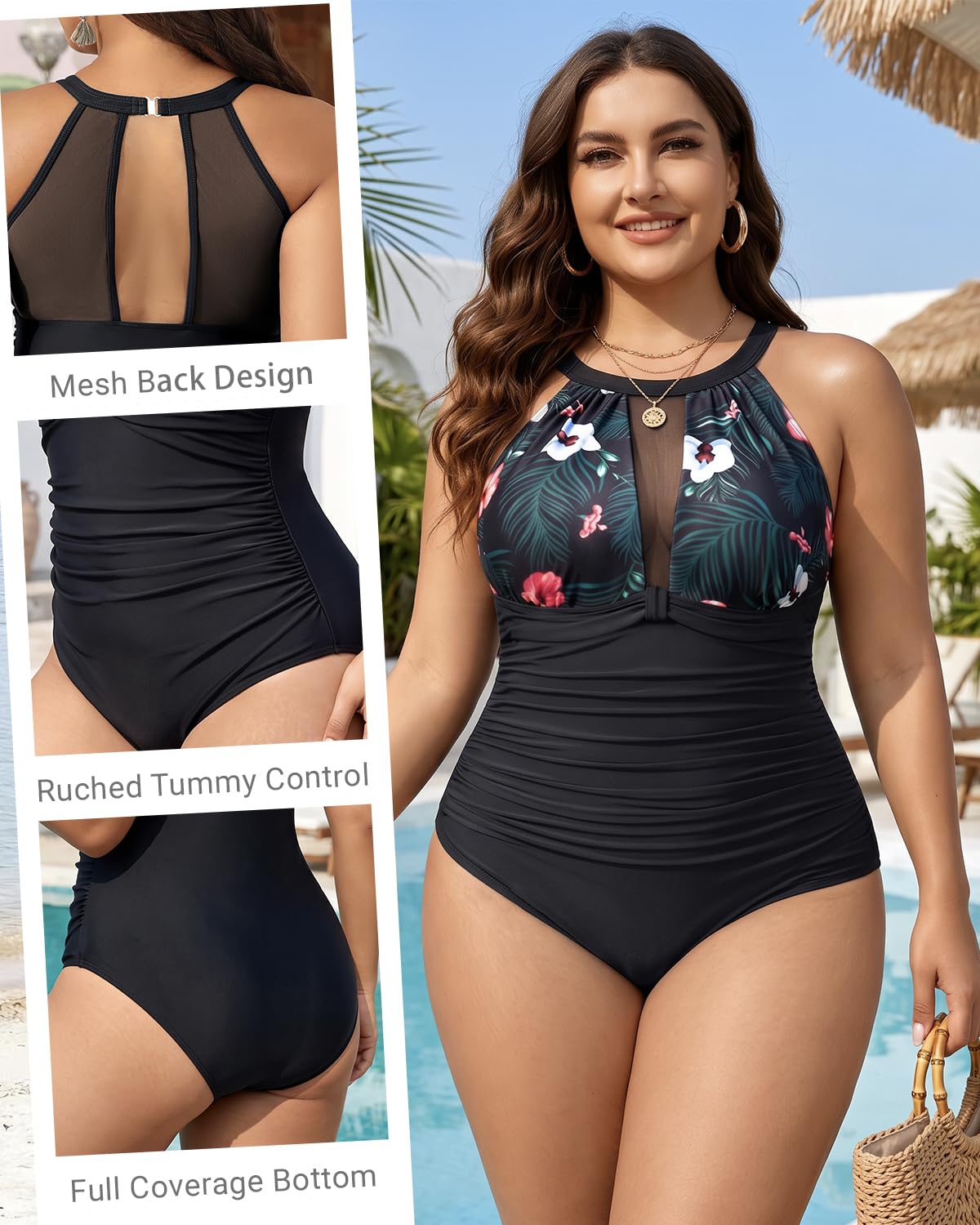 Aqua Eve Plus Size Swimsuit Women One Piece Swimsuit Tummy Control High Neck Bathing Suit Ruched Swimwear