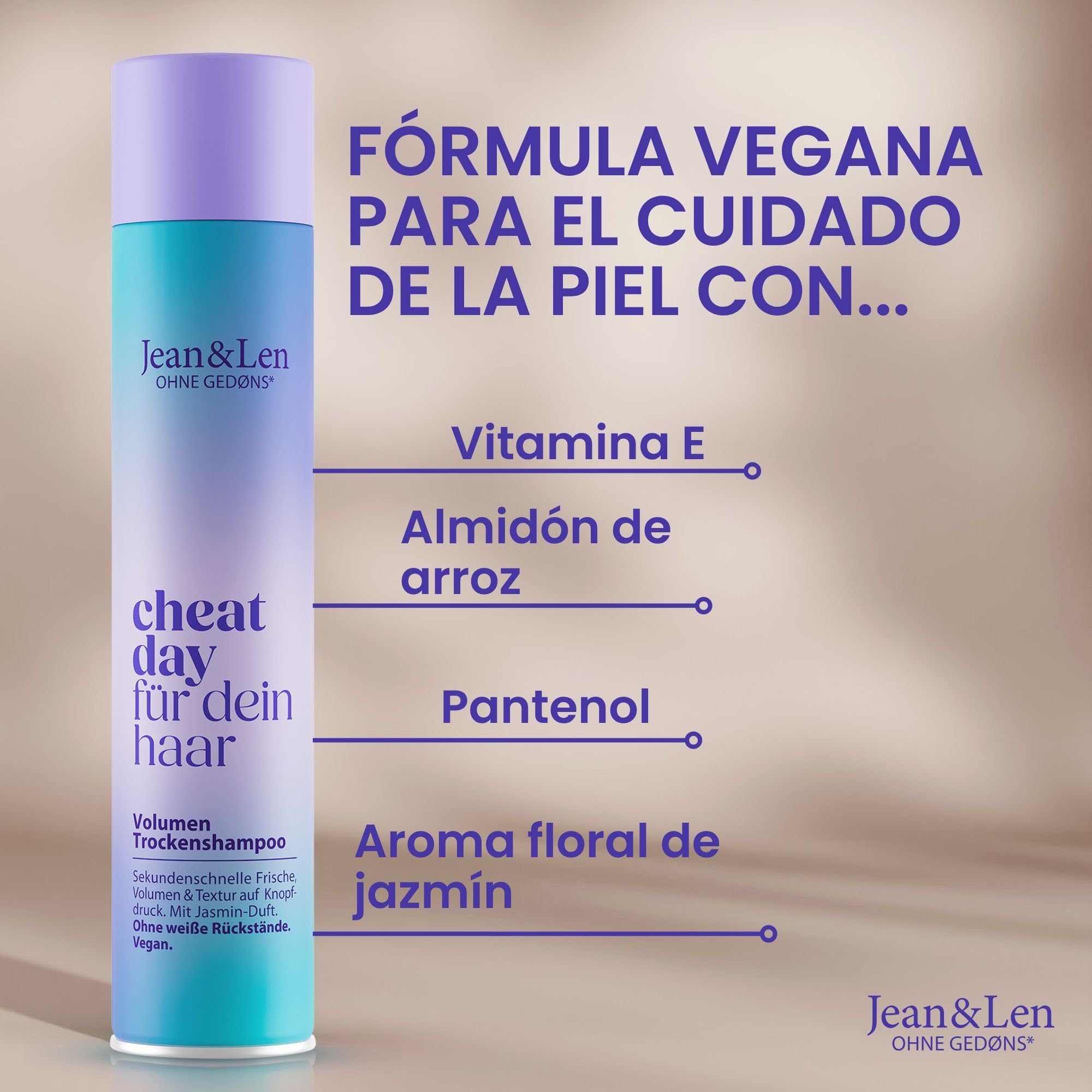 Jean & Len champú en seco volumen, fácil de cepillar, aporta textura y agarre, con efecto frescor inmediato, aroma fresco y floral, sin parabenos ni siliconas, vegano Dry Shampoo, 200 ml
