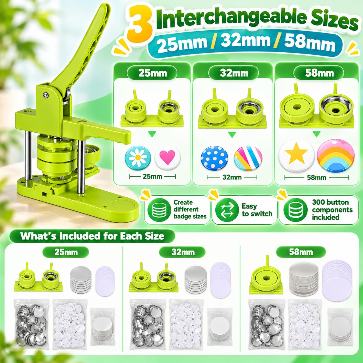 Machine à boutons - 25 mm/32 mm/58 mm - Kit de presse de badge personnalisé avec 300 pièces de bouton pour machine à épingler - Vert