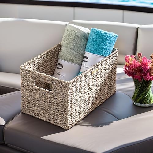 Miniatura 5 de ADO Basics Canastas de mimbre de hierba marina para organizar con asas integradas, longitud 13 pulgadas, ancho 8.3 pulgadas, altura 7.1 pulgadas,