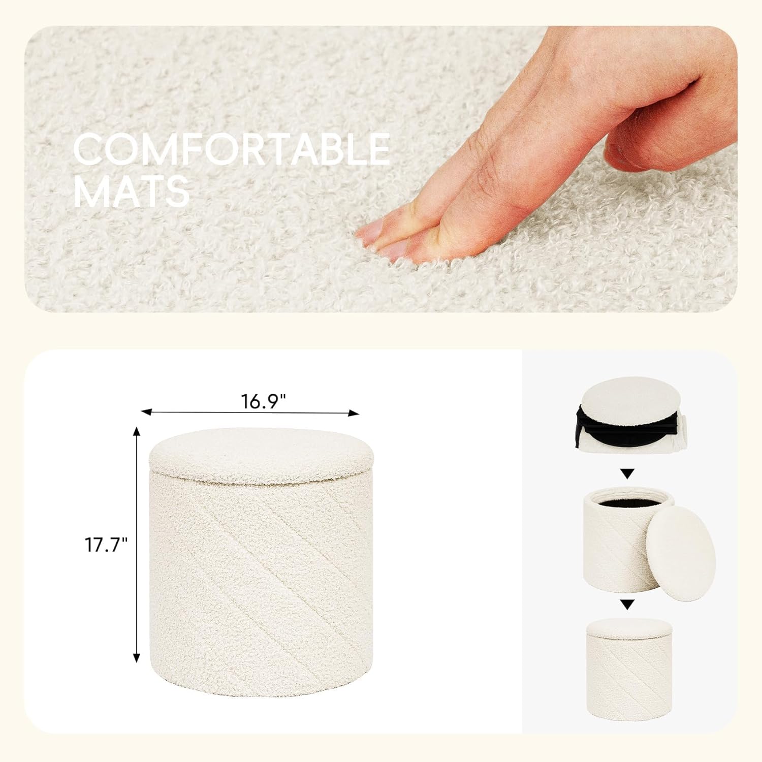 PINPLUS Ottoman with Stroage Round Boucle Ottoman and Tray Sherpa Removable Foot Stool Coffee Table for Dorm, Living Room White, 13"x13"x13.7"