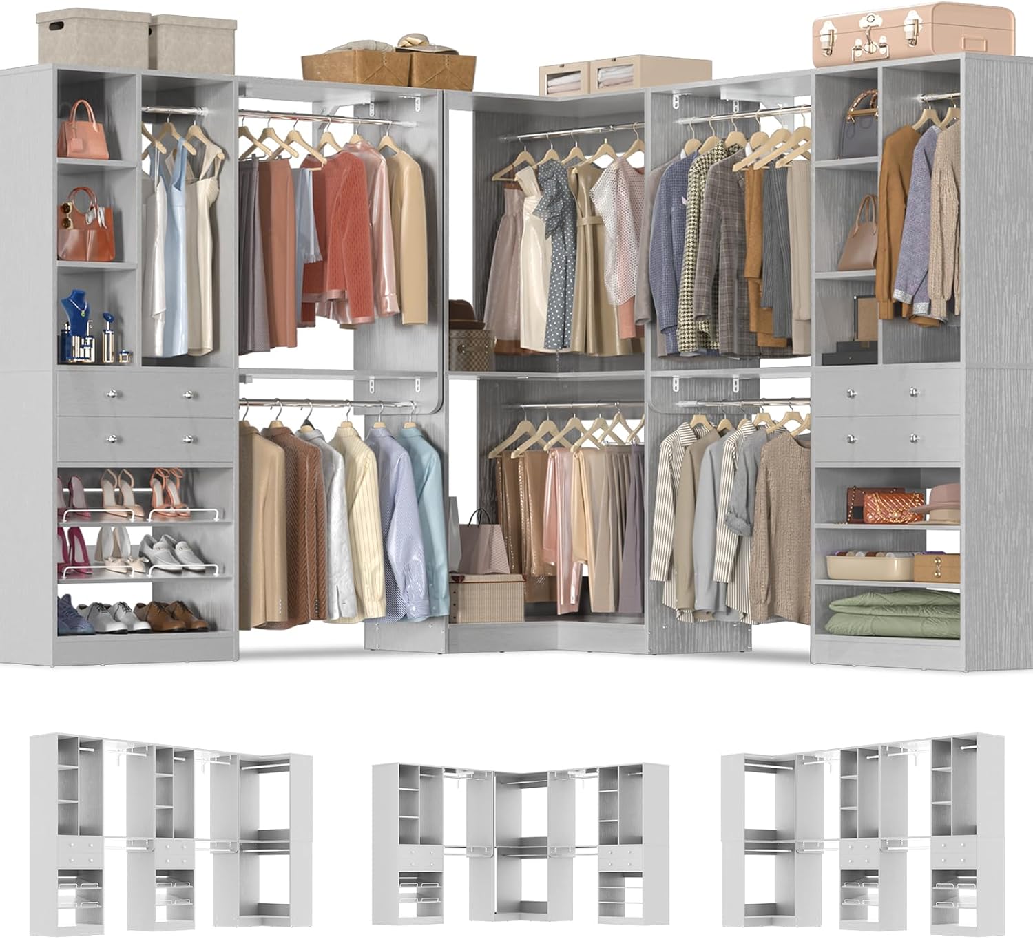 Large Closet System with Corner(3 Sets), 91.5" * 91.5"/31.5" * 151" Closet Organizer System with 4 Drawers and 8 Hanging Robs, Reversible Walk-in Closet System with Heavy Duty Shelving, Morandi Grey