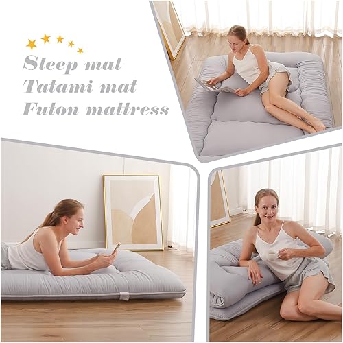 Miniatura 5 de Colchón de Piso Japonés, Colchón Futón con Bolsa de Almacenamiento y Funda Lavable, Tapete Tatami Enrollable Adecuado para Habitación de Invitados,