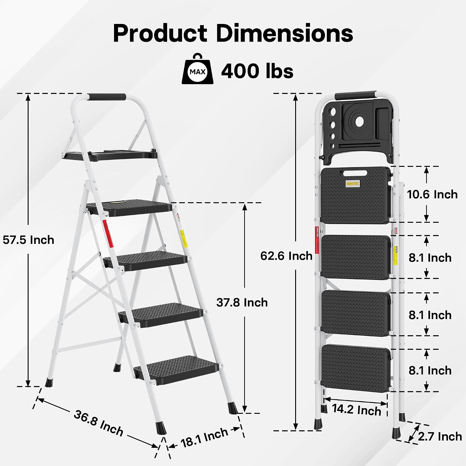 BONTEC 4-Step Ladder, 400lbs Max Load, Folding Step Stool with Tool Tray, Anti-Slip Pedals, Sturdy Steel, Lightweight Portable Ladder with Handrail for Home & Work Use, White
