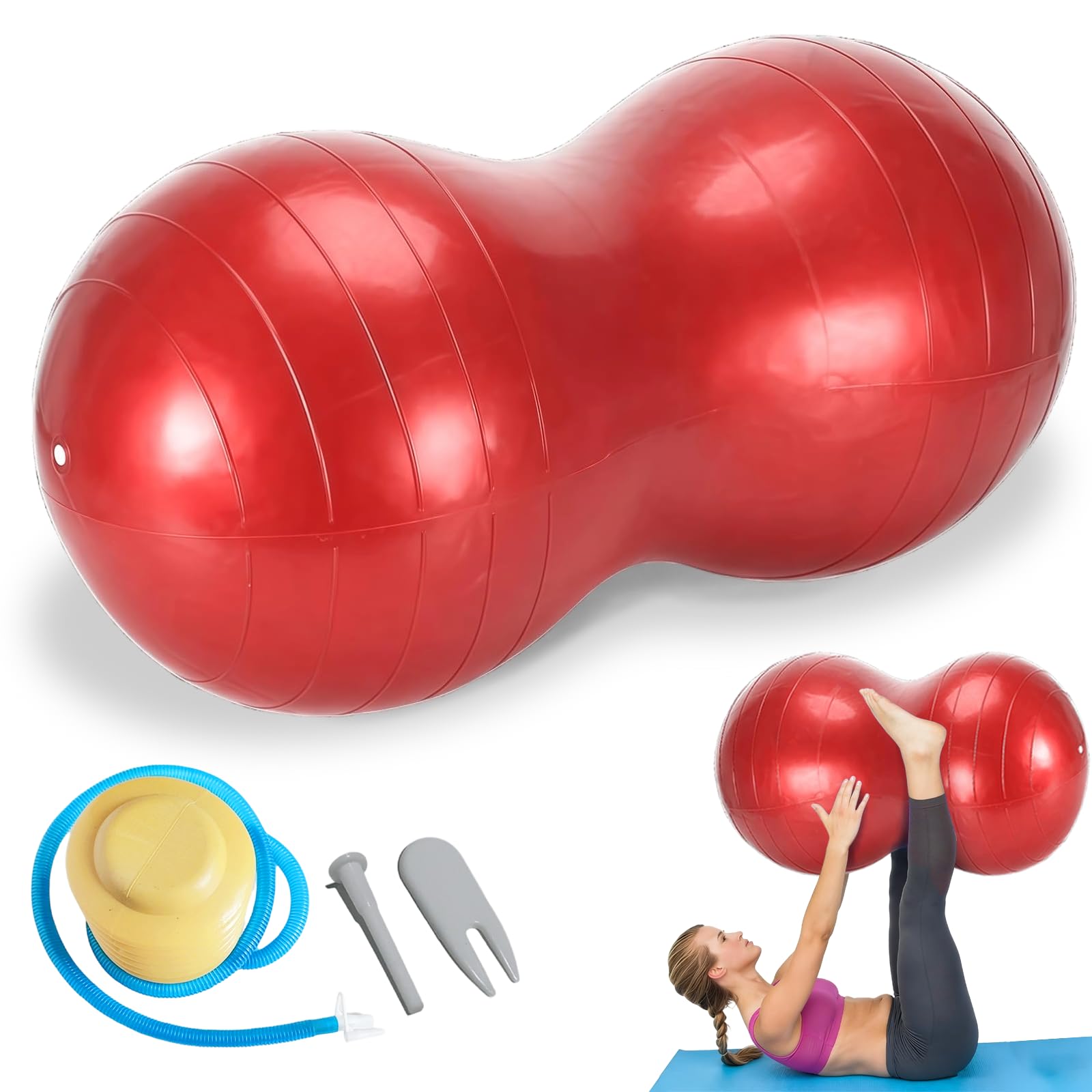 Eidoct Peanut Ball Therapy, Exercise Ball with Pump, 90x45cm Anti-Burst Exercise Ball, for Pregnancy Birth, Physiotherapy, Autism Sensory Training, Pilates, Yoga & Core Fitness for Kids Adults (Red)