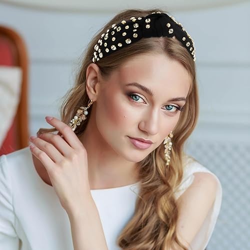 Miniatura 6 de Ondder Diadema anudada negra para mujer, diadema de nudo con cuentas para mujer, diadema brillante con diamantes de imitación, diadema de moda con