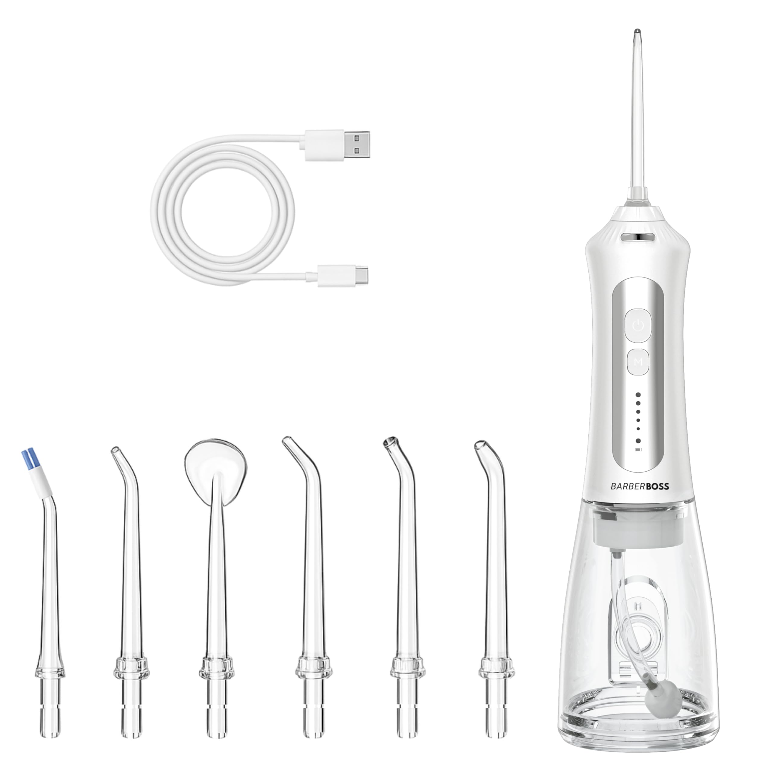 BarberBoss Rechargeable Water Flosser for Teeth & Gums, 5 Cleaning Modes, 5 Jet Tips, 300ml Tank, USB Cordless Oral Irrigator, IPX7 Waterproof & 360° Nozzle