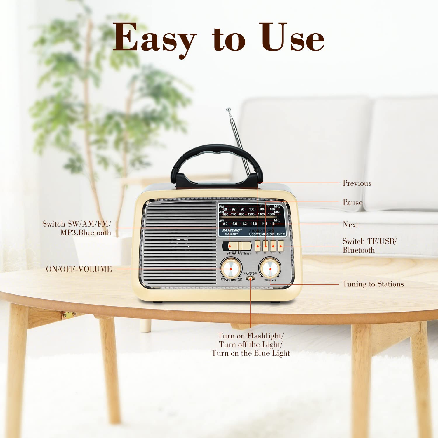 Retro Radio Mit Bluetooth 5.0 — AM/FM/SW, Tragbar Produktbild-Vorschau 8