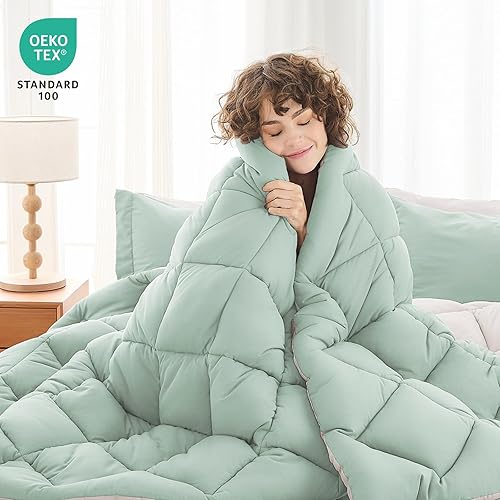 Miniatura 81 de MUXHOMO Juego de edredón Queen de 7 piezas, cama reversible en una bolsa, tamaño Queen, juego de ropa de cama para todas las estaciones con edredón