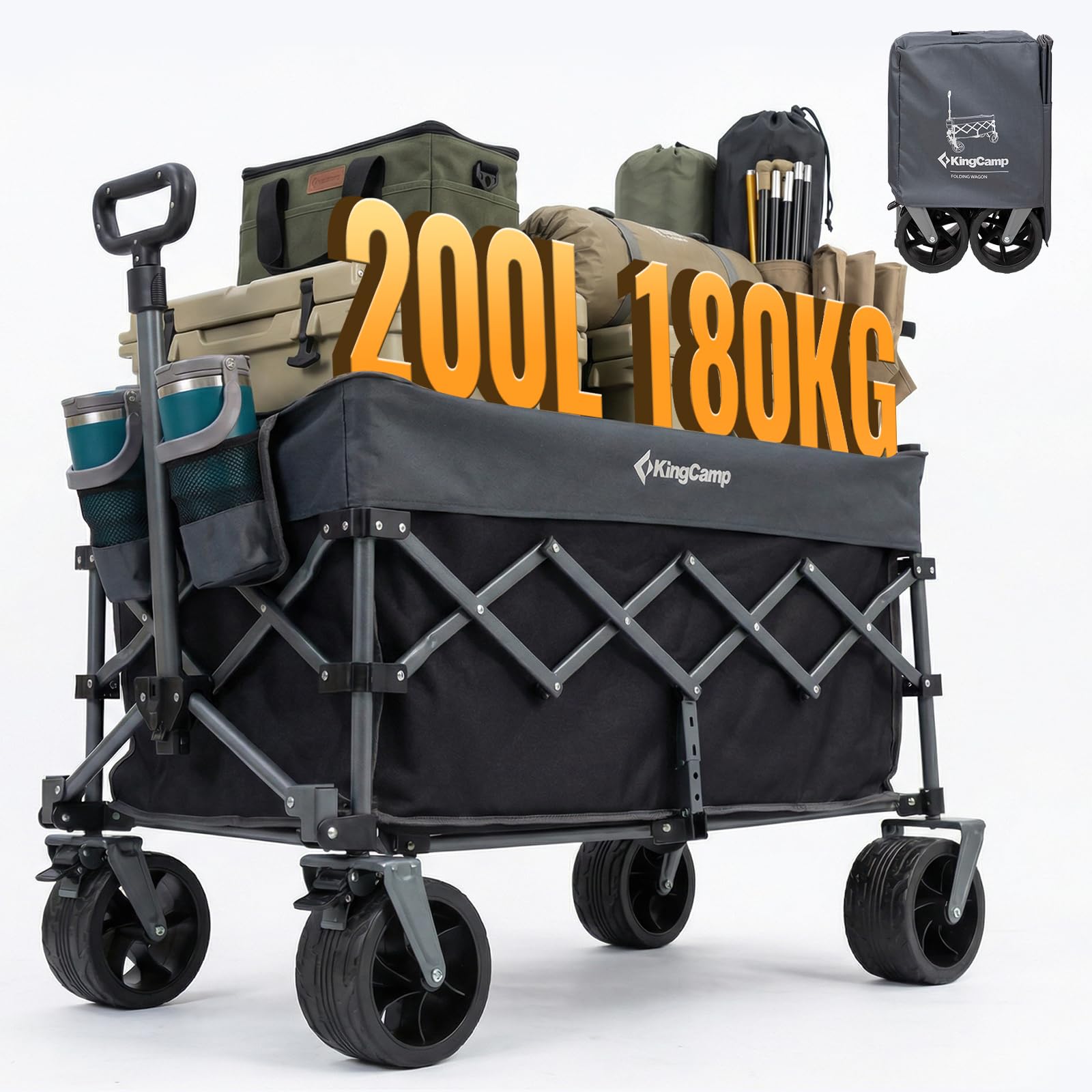 KingCamp XXL Bollerwagen Faltbar, 200L Tragkraft Faltbarer Strandwagen mit Bremsen, Seitentaschen und großen All-Terrain-Rädern – geeignet für Alle Gelände, Draussen Camping Einkaufen