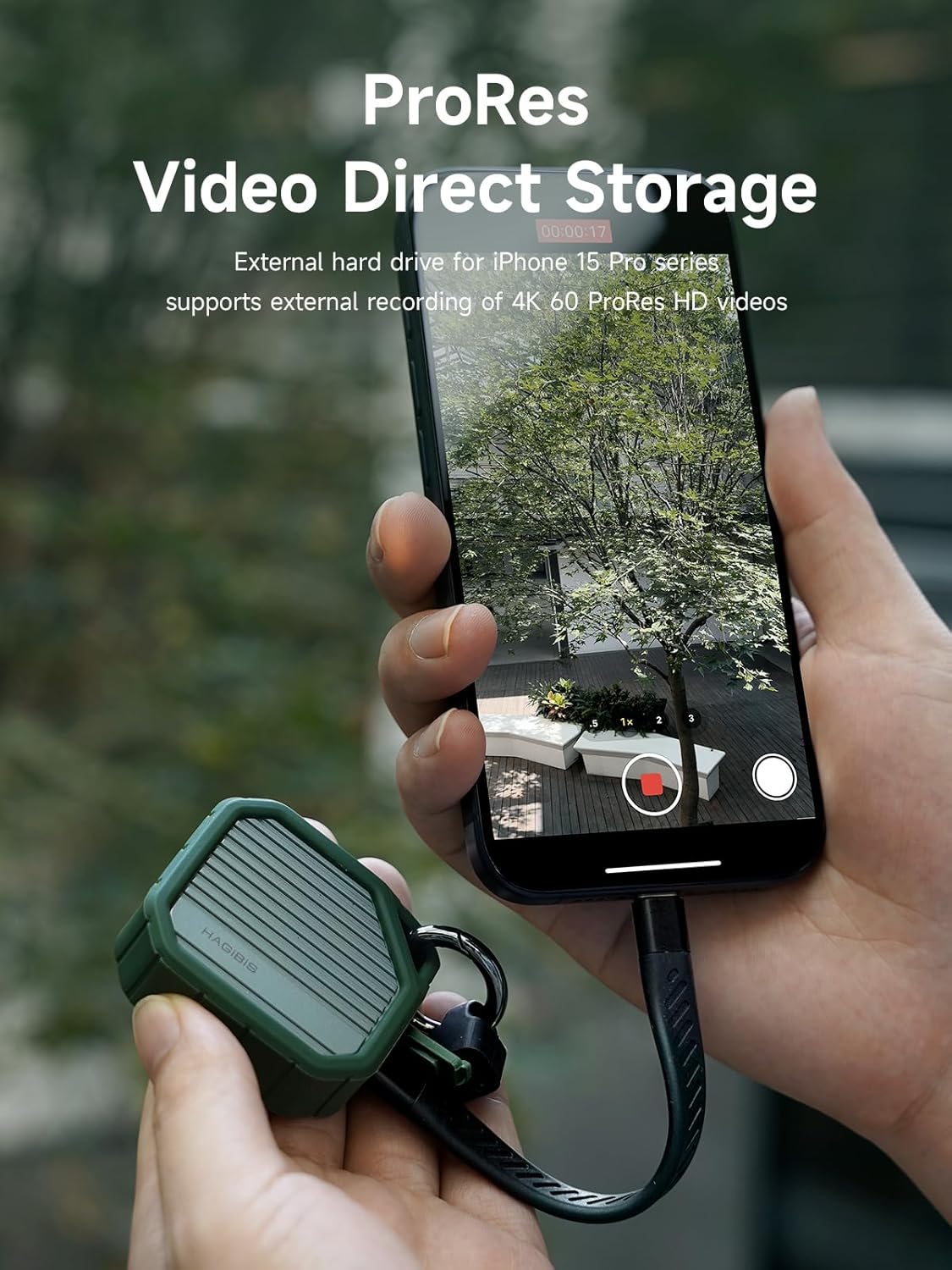 iPhone 15 Pro Max connected to Hagibis SSD enclosure for ProRes video recording