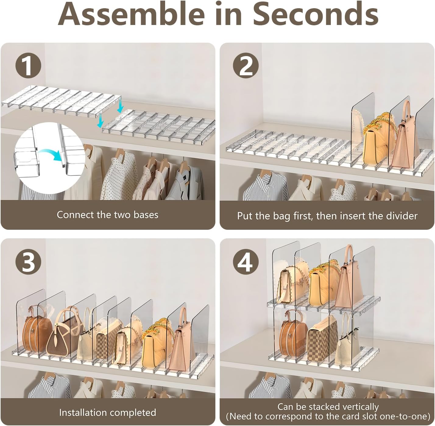 ANTOWIN 2 Pack Shelf Divider, Purse Organizers for Closet, Adjustable Handbag Separators, Storage Organizer in Bedroom, Office, Easy to Install and Clean