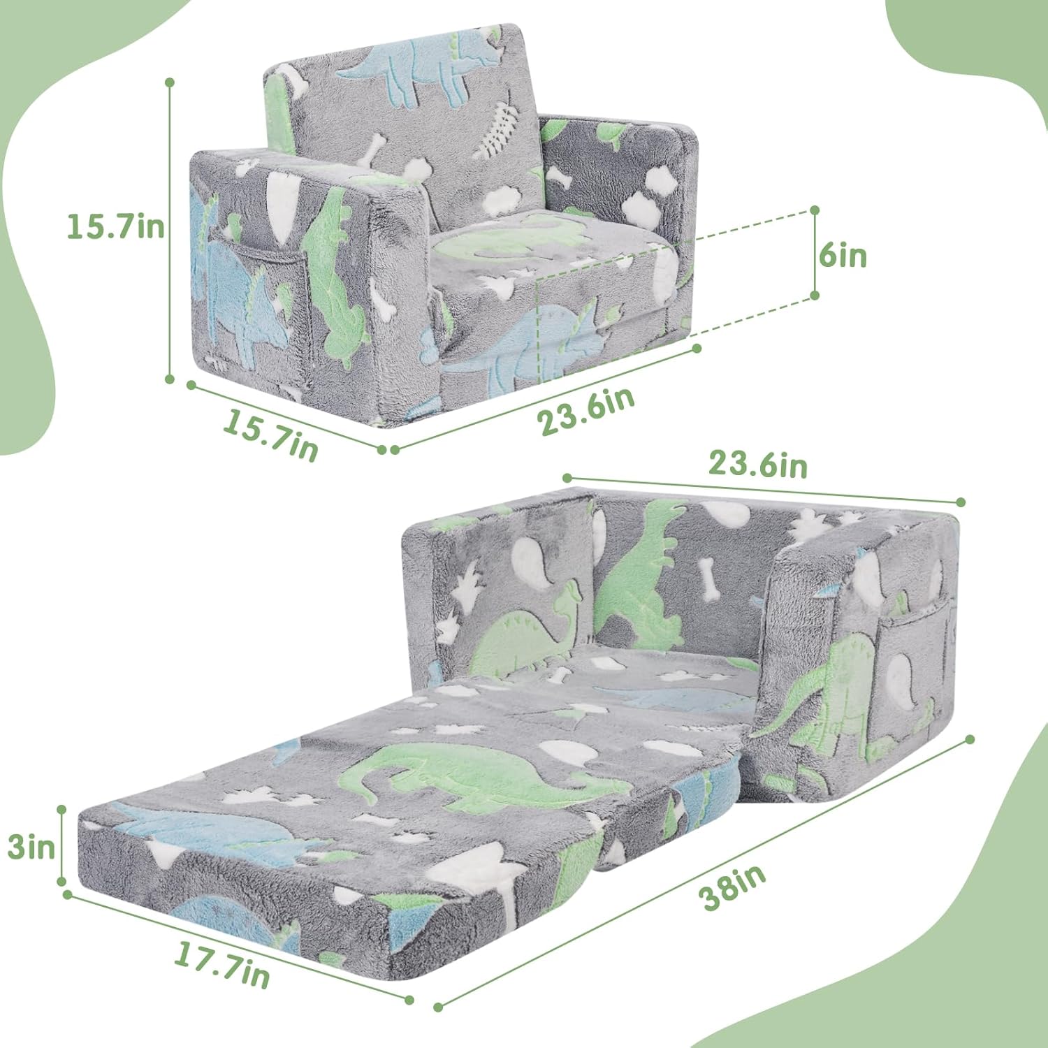 Toddler Couch - Kids Sofa - 2-in-1 Sherpa Kids Couch - Glow in The Dark Kids Fold Out Couch - with Cute Pattern Design - Gifts for Kids - Kids Play Sofa for Girls and Boys