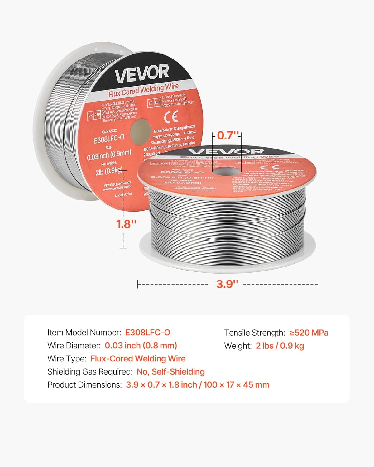 VEVOR Flux Core MIG Welding Wire, E308LFC-O 0.03-inch 2 LBS, Gasless Stainless Steel Welding Wire with Low Spatter for All Position Arc Welding, Self-Shielded for Outdoor Use