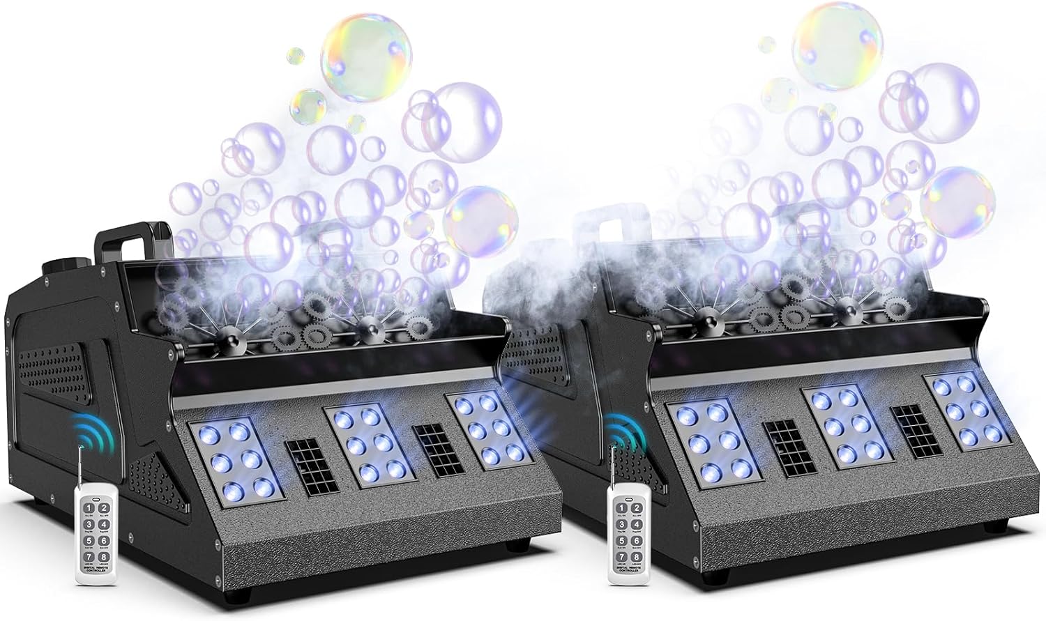 2000W Fog Bubble Machine, 3 in 1 Bubble Machine with 2 Bubble Fans,7 CH 18 RGB LED Lights Smoke Bubble All IN 1 Machine, Fog Machine Stage Effect for Party, Wedding, Halloween, 2 PACK