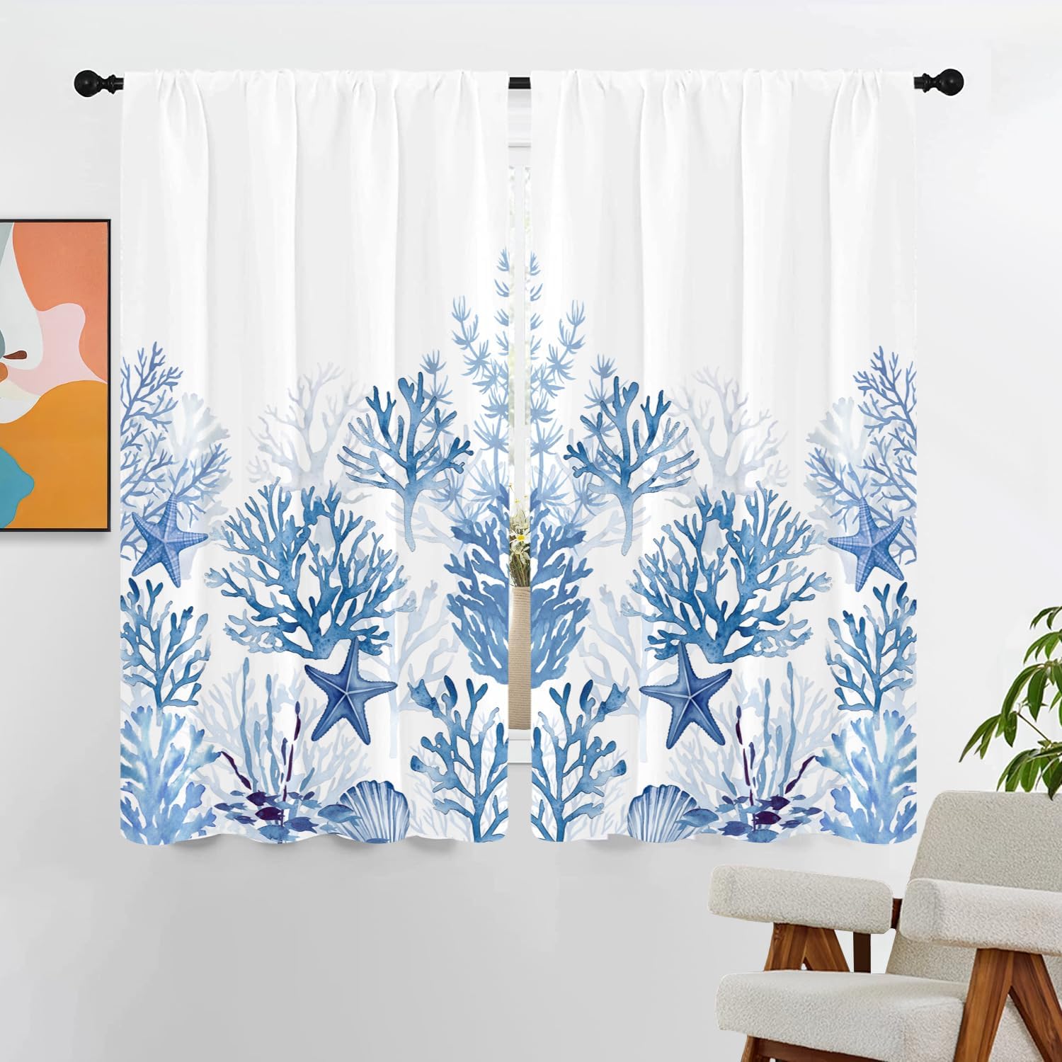 27.5x39 Inch Short Small Kitchen Curtains, Blue and White Coastal Nautical Decor, Seashell Starfish Ocean Print, Polyester Fabric Rod Pocket Tiers for Bathroom Window
