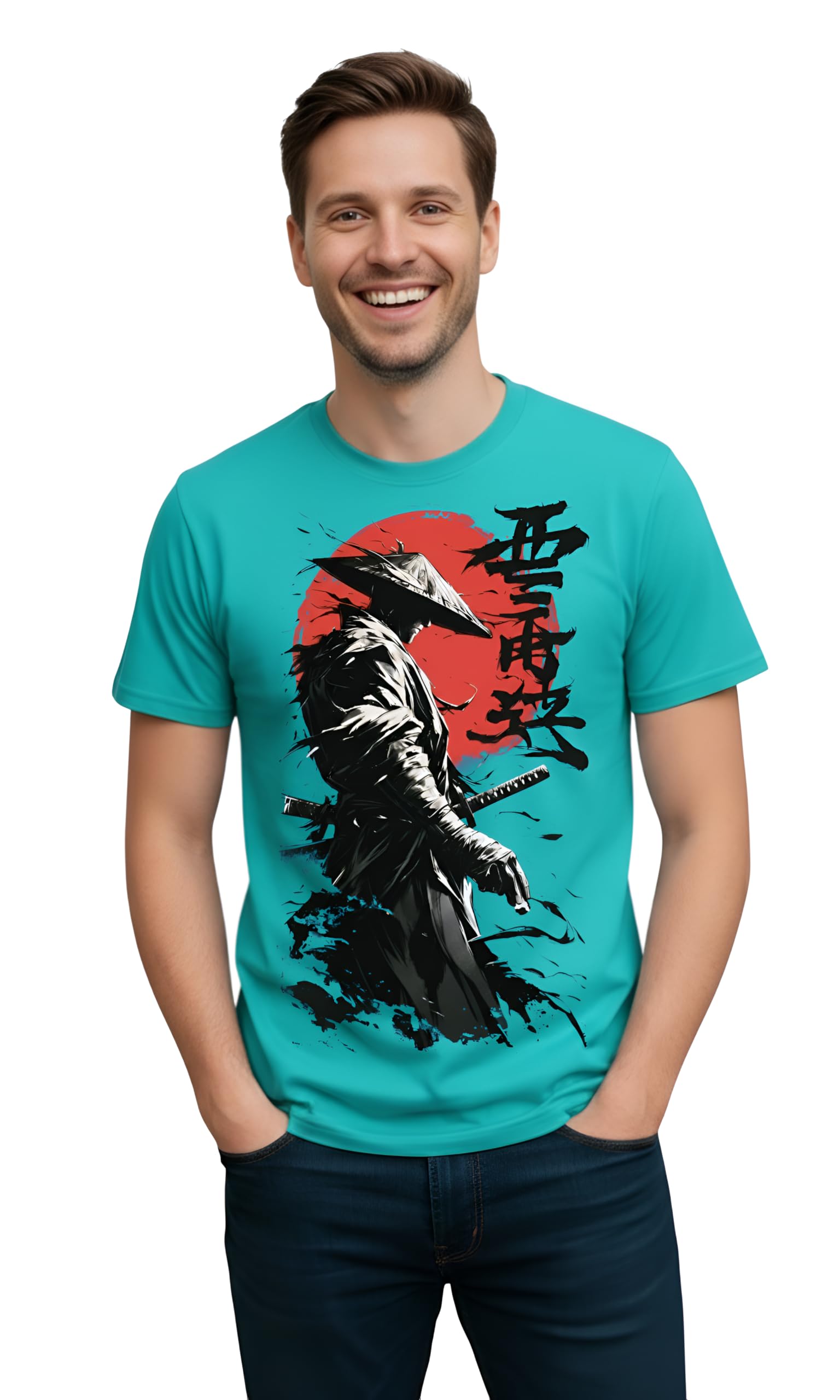 Japanese Samurai T-Shirt, Turquoise Cotton Graphic Tee with Black Warrior Art Design and Red Sun Print, Casual Wear-image-11