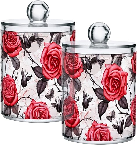 Juego de 2 tarros de plástico transparente con diseño de rosas rojas y hojas grises para Halloween, tarros de boticario con tapas, organizador de