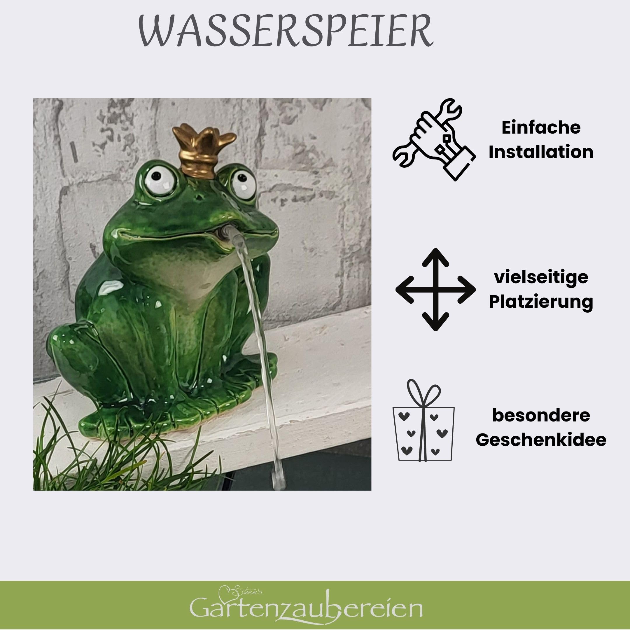 Storm's Gartenzaubereien Wasserspeier Frosch mit Akku Solarpumpe 16cm aus Keramik Laufzeit ohne Sonne 4-5 Stunden
