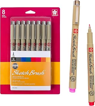 Sakura Pigma Sketch Brush Pens, Flexible Tips, Archival Ink, 8 Color Set