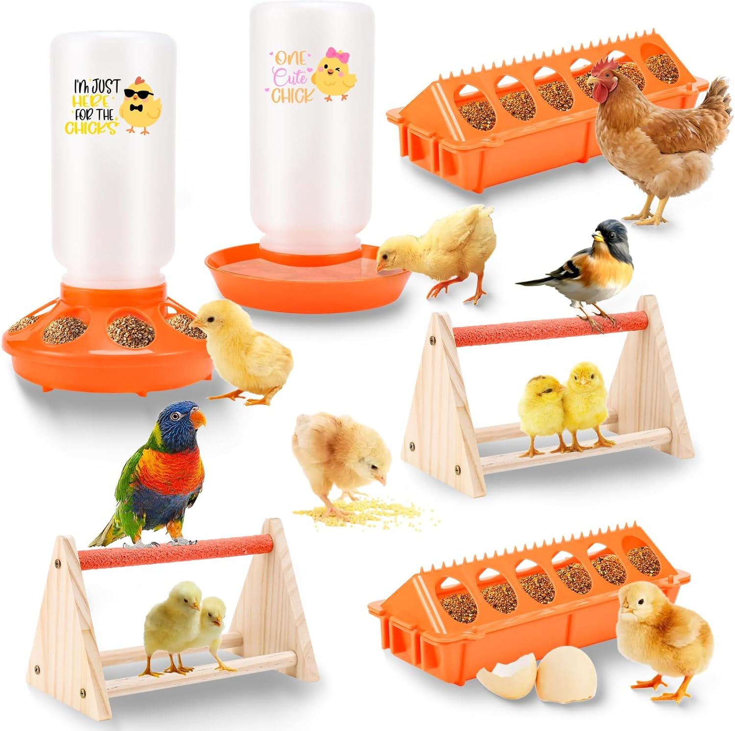 Chicken Feeder and Waterer Set,Automatic 1L Chick Feeder and Waterer with 2 Wooden Perch,Baby Chicks Supplies for Ducks,Quail,Small Poultry Coop Accessories