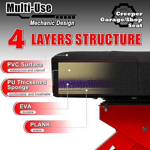 Miniatura 7 de Taburete mecánico con ruedas, Taburete hidráulico ajustable sobre ruedas, Silla rodante de trabajo de garaje para taller, Capacidad de 400 libras,