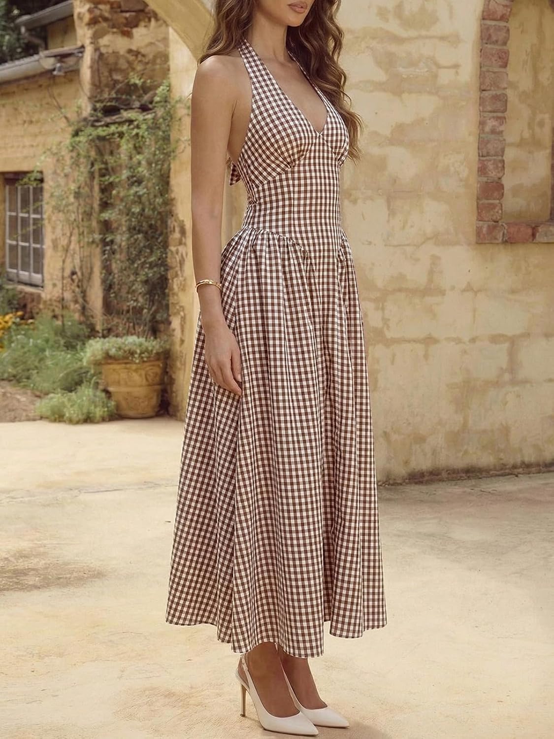 Wenrine Womens Halter V Neck Corset Maxi Dresses Summer Plaid Smocked Tie Back Backless Wedding Guest Drop Waist Dress