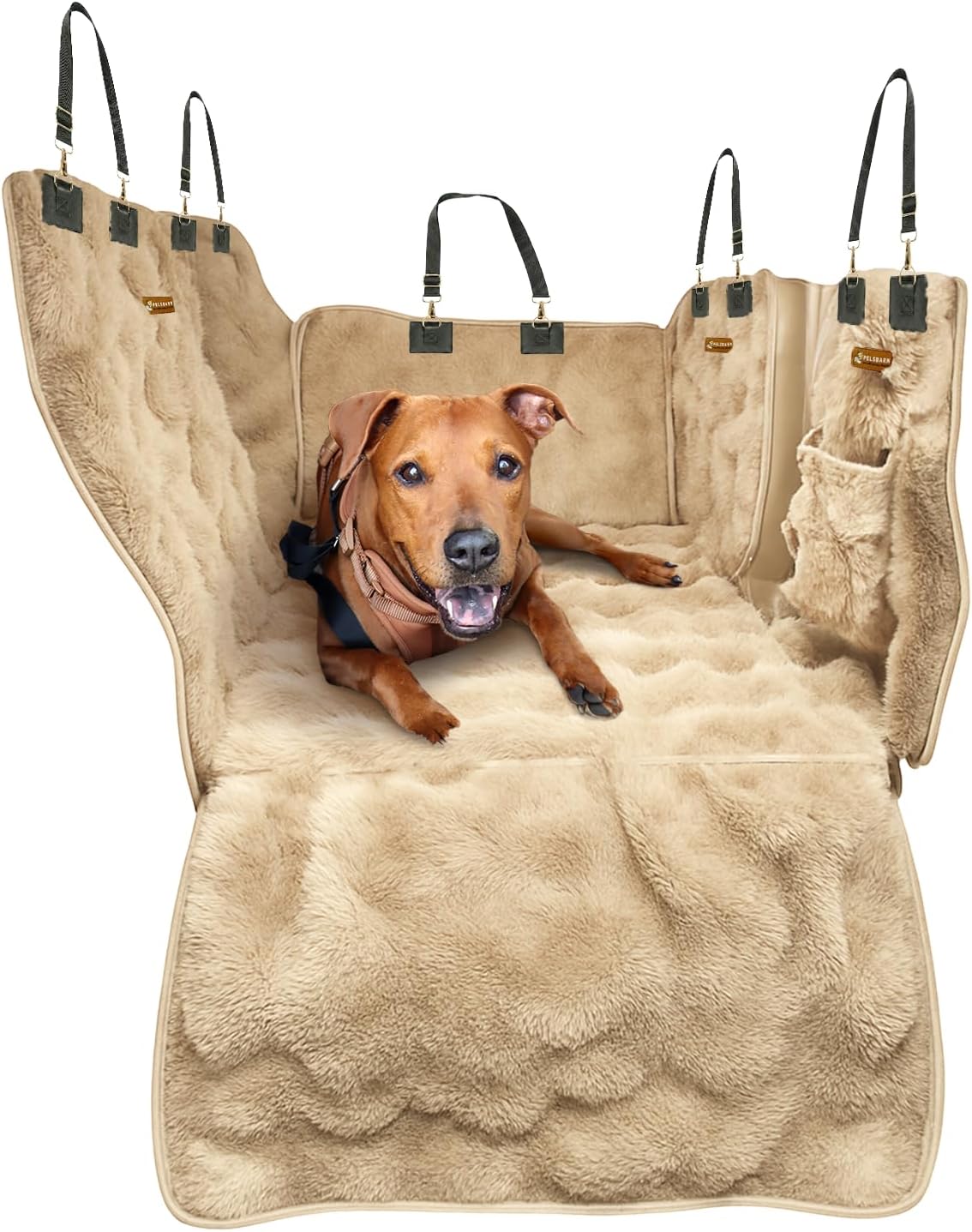 Pelsbarn Luxurious Full Backseat Protector for Dogs with Calming Blanket - Waterproof Pet Hammock Machine Washable (Beige)