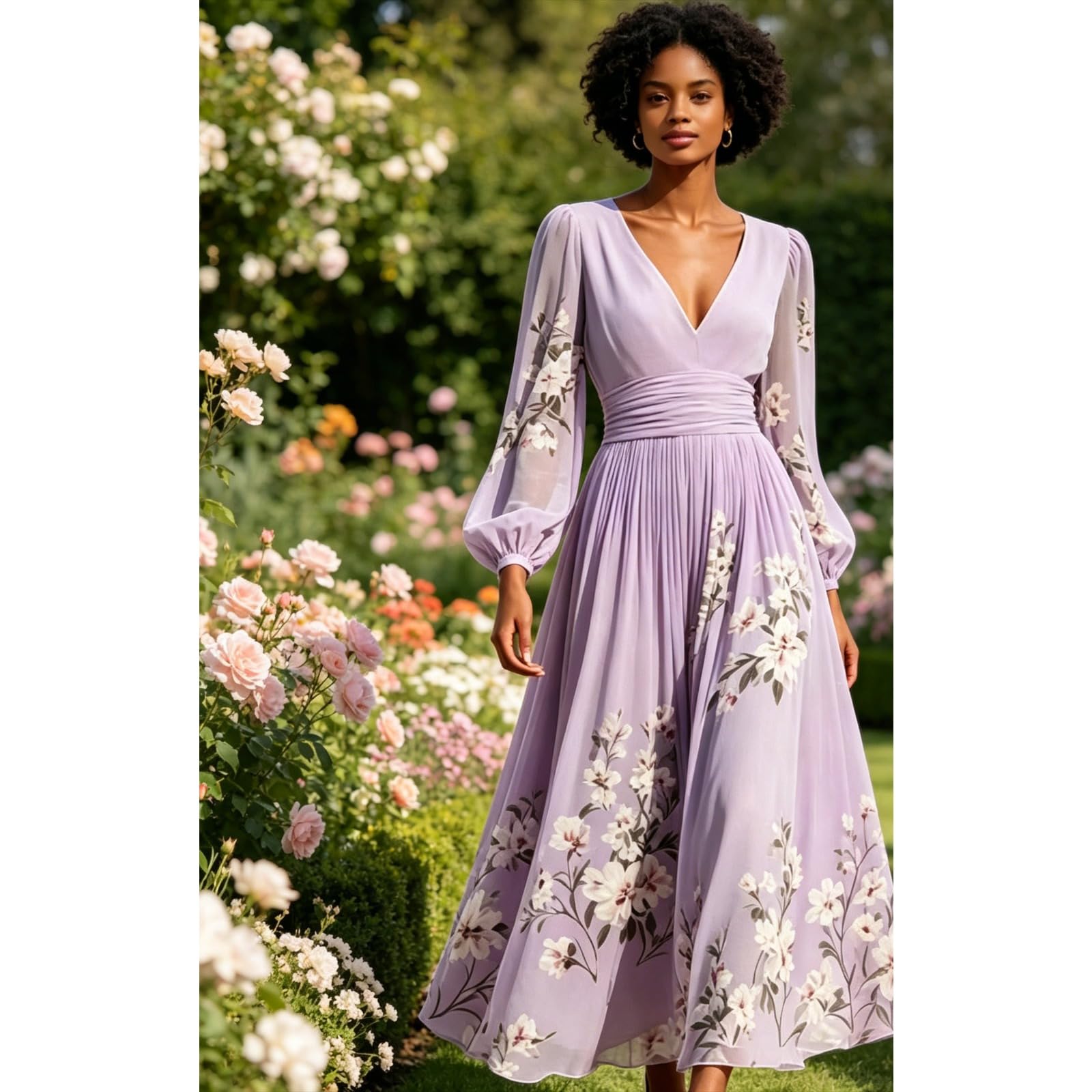 Abito da donna con scollo a V a maniche lunghe stampato a pieghe a vita alta Big Swing A-Line Maxi Abiti Femme Holiday Party