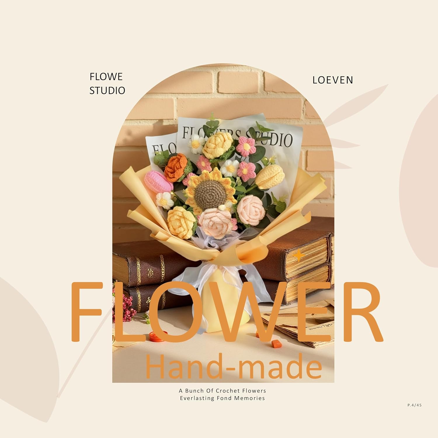 LOEVEN Crochet Flowers, Eight Artificial Flowers, Crochet Flower Bouquet, Carnation, Preserved Flower, Handmade Knitted Bouquet for Mother Birthday Home Decor Girlfriend (Yellow)