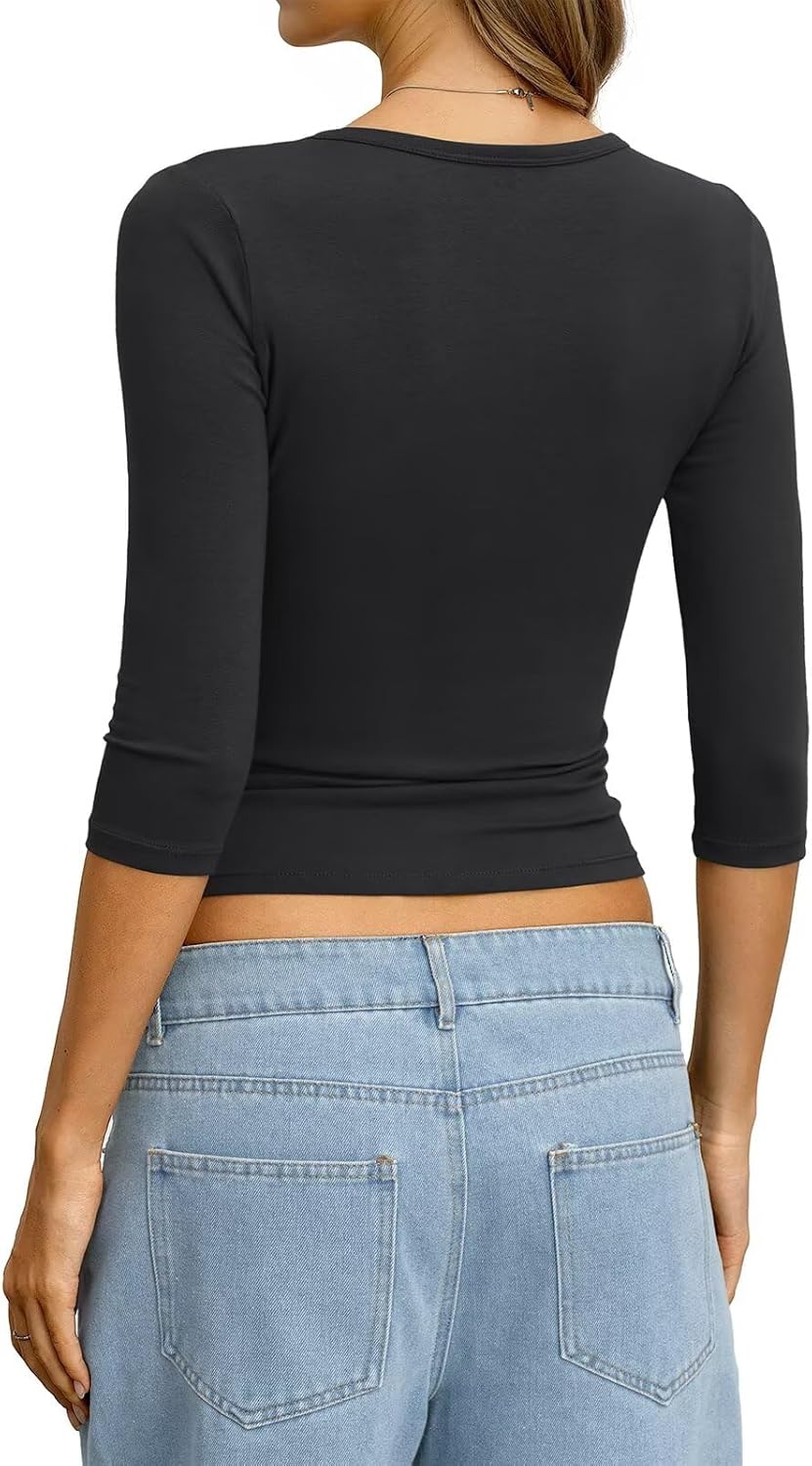 Womens Cotton 3/4 Length Sleeve Henley Tops Slim Fit V Neck T Shirts Basic Going Out Tee Summer Trendy Outfits - Image 5