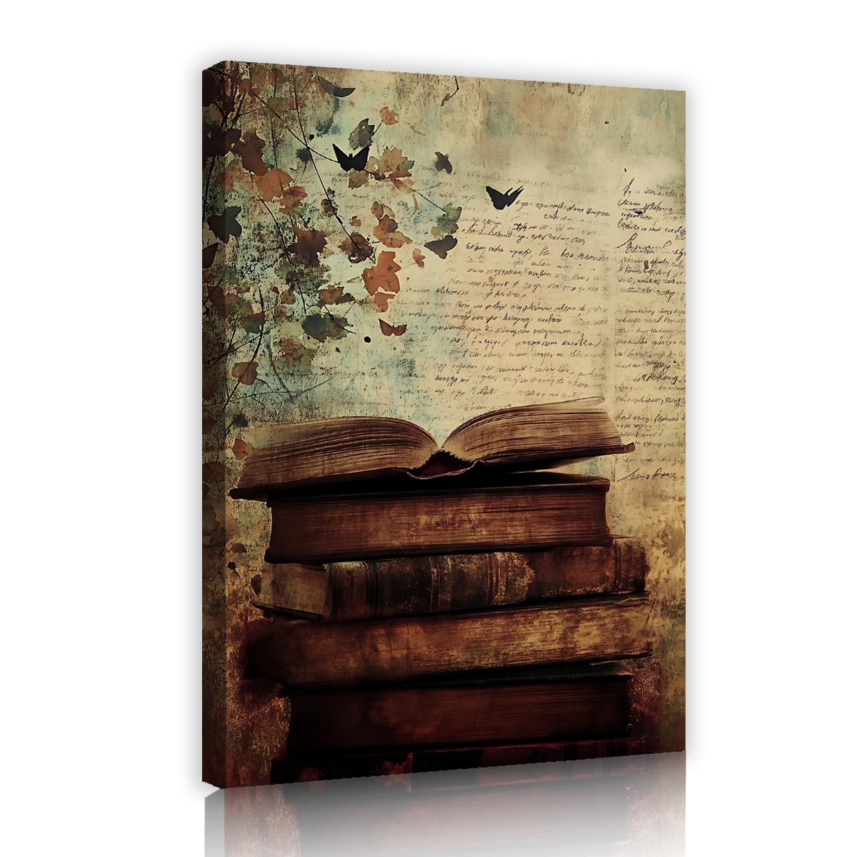 TOANGWALL Libro vintage Mariposa Tela rústica Arte de pared Fotografías de la biblioteca antigua Grabados de arte Mural moderno para oficina en casa Decoración del salón 75x115cm